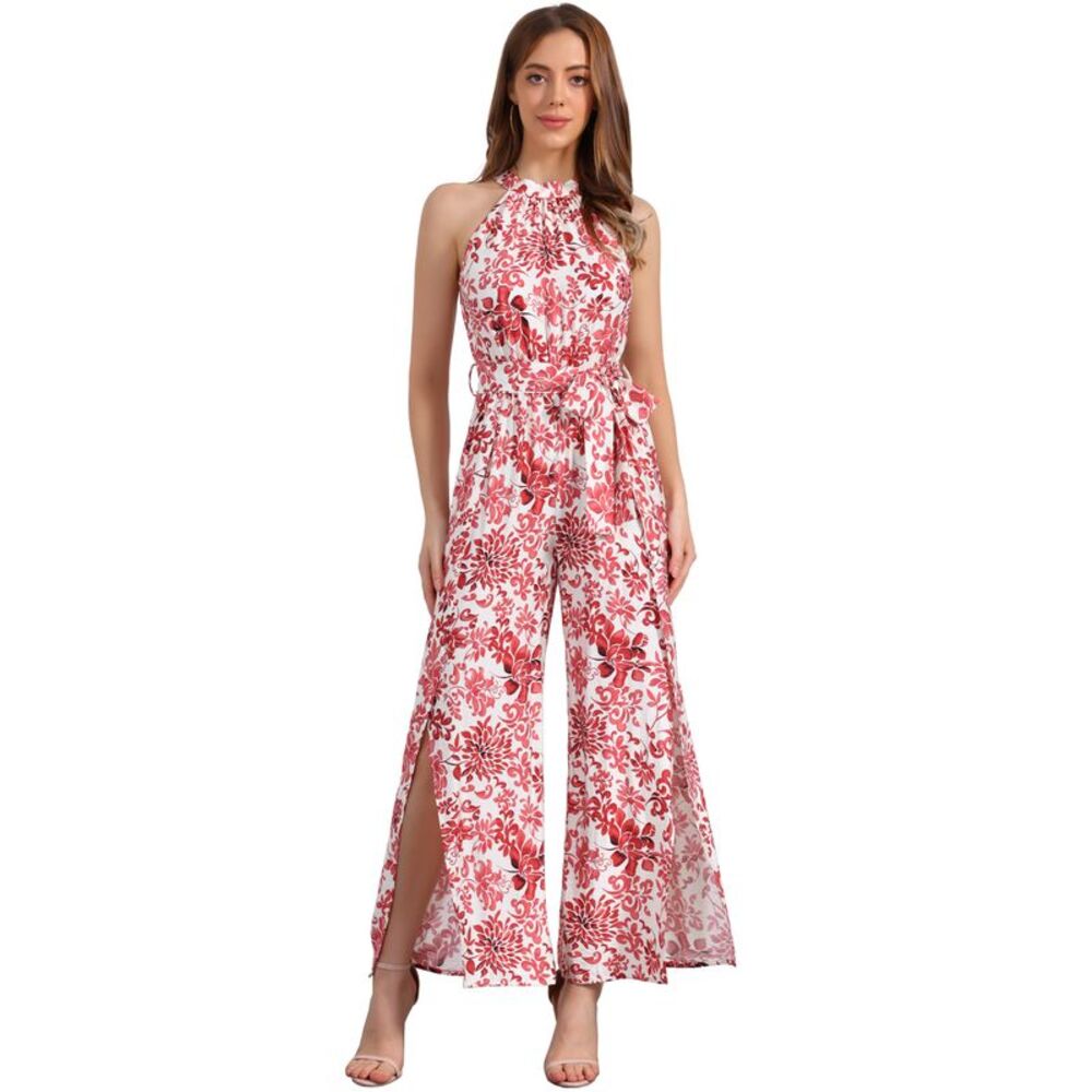 Women's Sleeveless Jumpsuit Boho Pattern Slit Wide Leg Pants Red